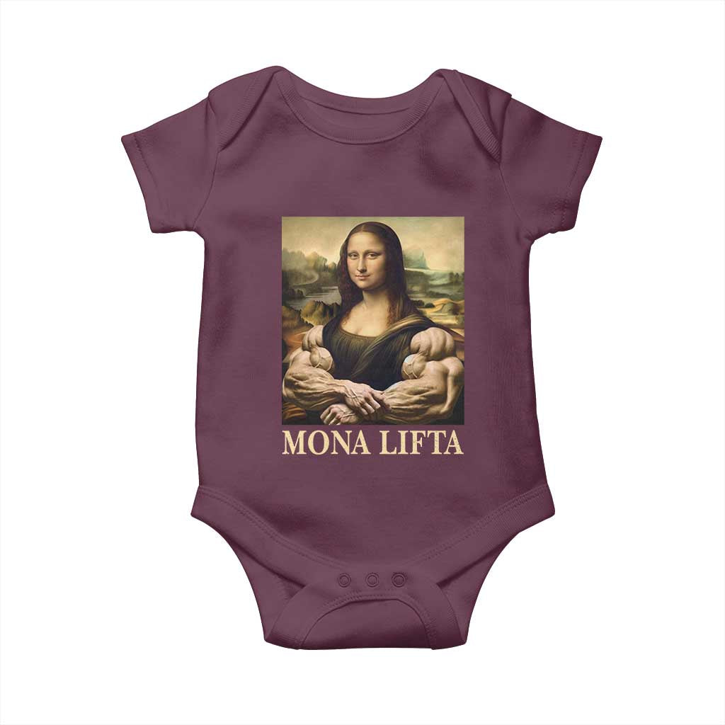Funny Mona Lifta Muscle Mona Lisa Bodybuilding Fitness Gym Lover Baby Onesie TS11 Maroon Print Your Wear