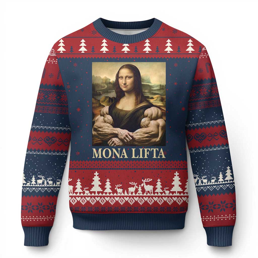 Funny Mona Lifta Muscle Mona Lisa Bodybuilding Fitness Gym Lover Ugly Christmas Sweater TS11 Navy Red Print Your Wear