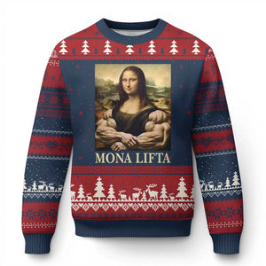 Funny Mona Lifta Muscle Mona Lisa Bodybuilding Fitness Gym Lover Ugly Christmas Sweater TS11 Navy Red Print Your Wear