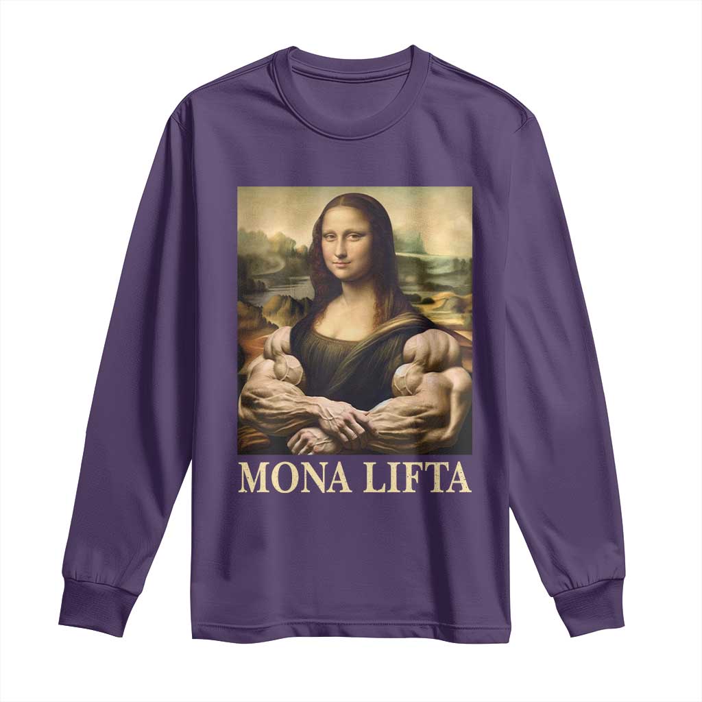 Funny Mona Lifta Muscle Mona Lisa Bodybuilding Fitness Gym Lover Long Sleeve Shirt TS11 Purple Print Your Wear