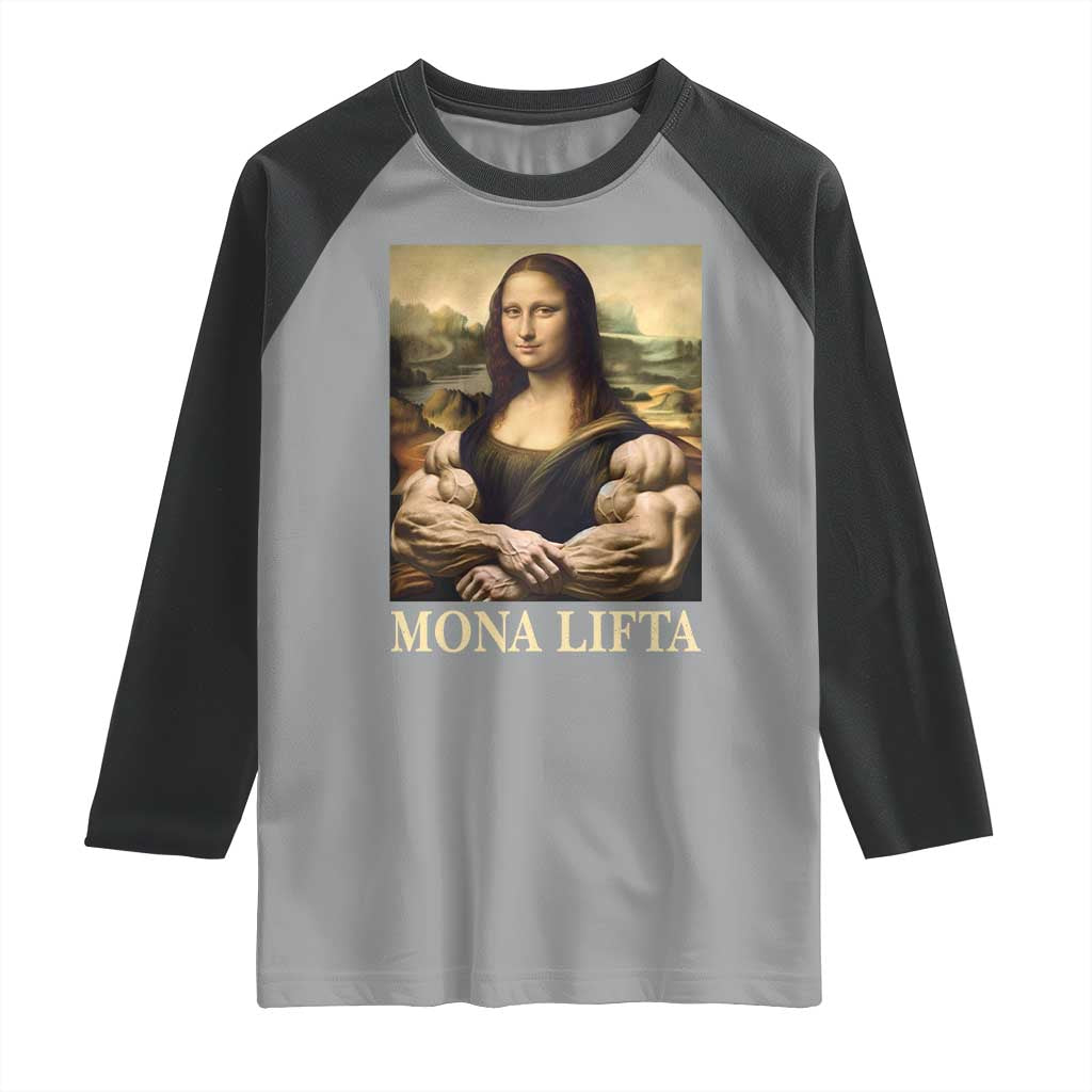 Funny Mona Lifta Muscle Mona Lisa Bodybuilding Fitness Gym Lover Raglan Shirt TS11 Sport Gray Black Print Your Wear