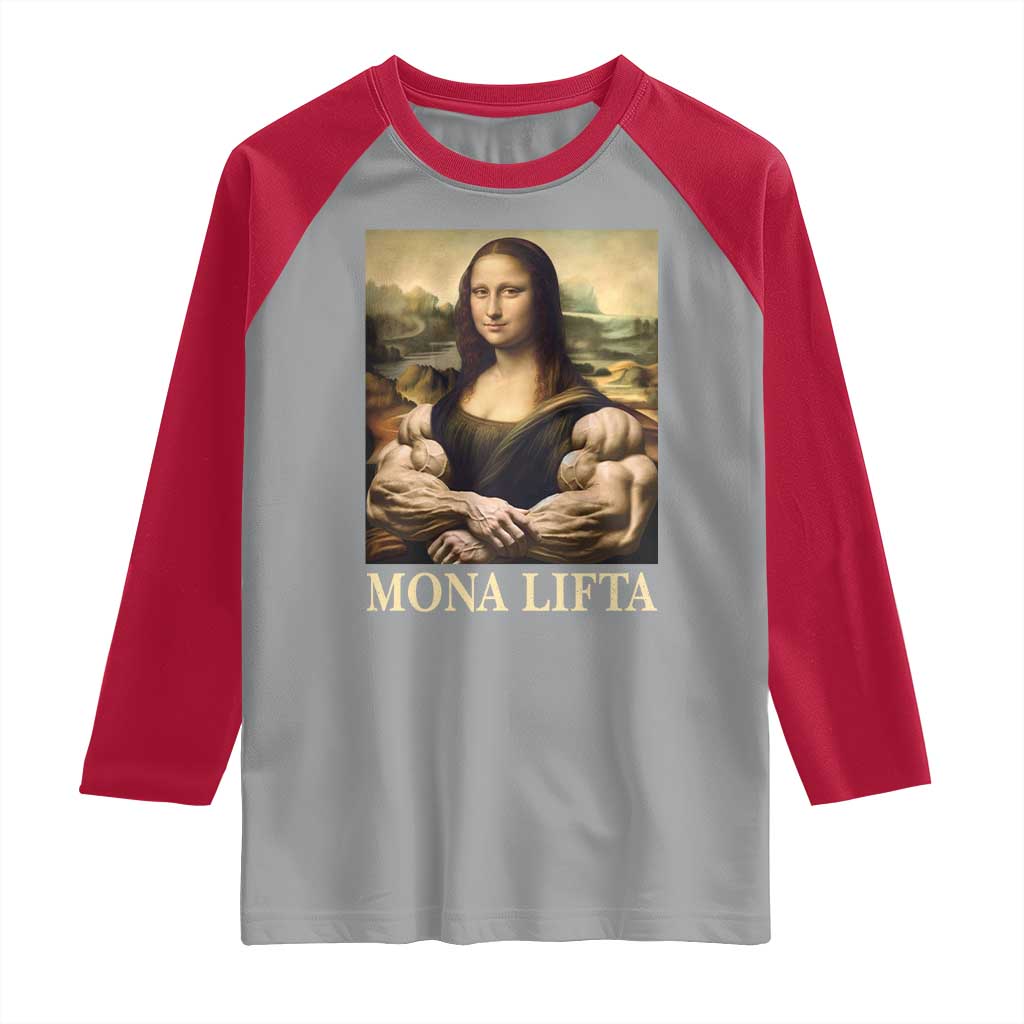 Funny Mona Lifta Muscle Mona Lisa Bodybuilding Fitness Gym Lover Raglan Shirt TS11 Sport Gray Red Print Your Wear