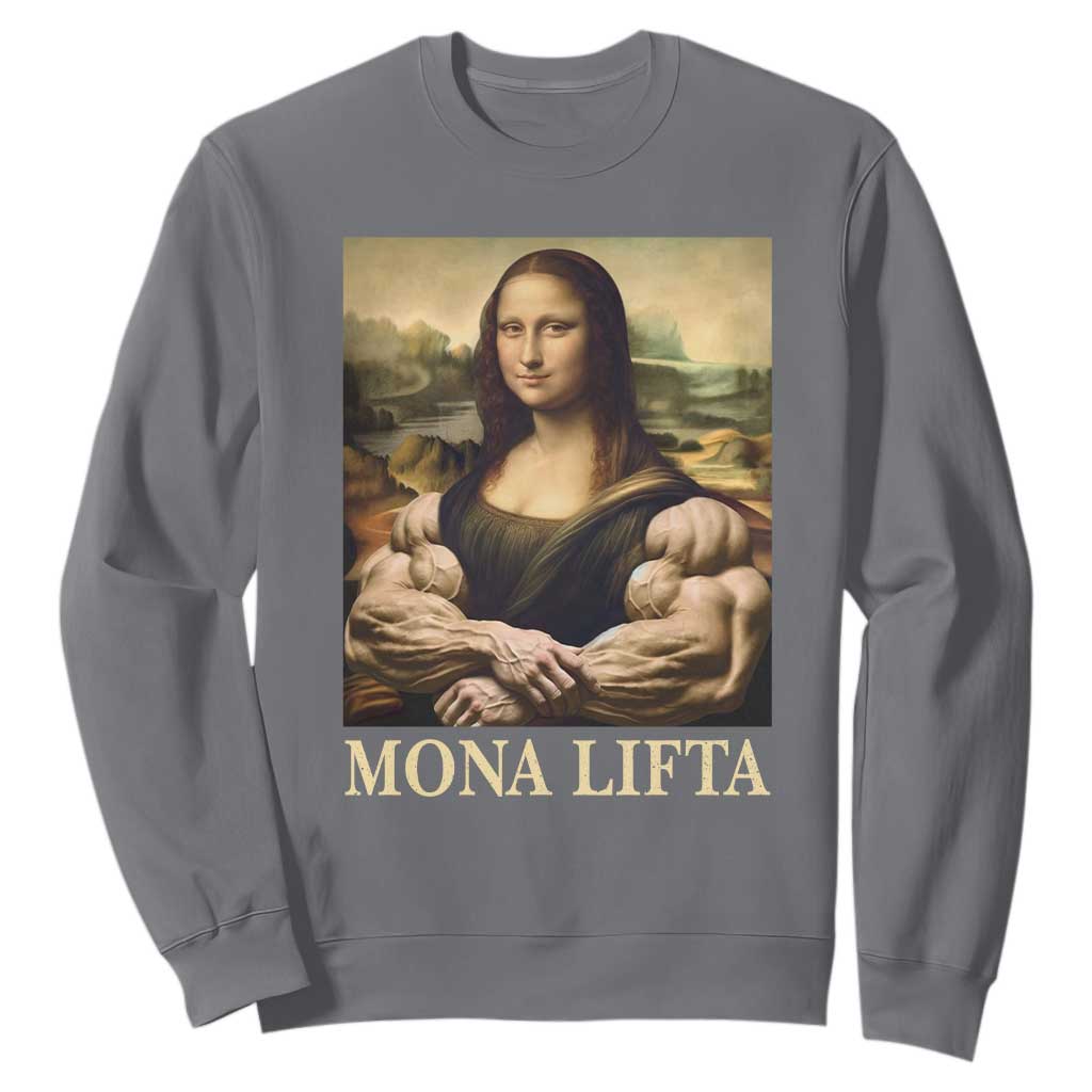 Funny Mona Lifta Muscle Mona Lisa Bodybuilding Fitness Gym Lover Sweatshirt TS11 Charcoal Print Your Wear