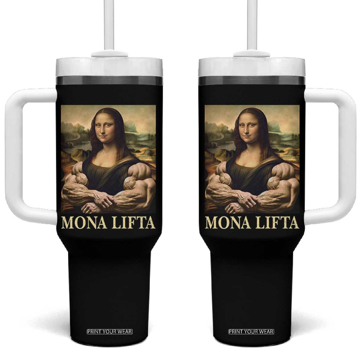 Funny Mona Lifta Muscle Mona Lisa Bodybuilding Fitness Gym Lover Tumbler With Handle TS11 One Size: 40 oz Black Print Your Wear