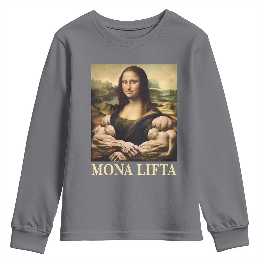 Funny Mona Lifta Muscle Mona Lisa Bodybuilding Fitness Gym Lover Youth Sweatshirt TS11 Charcoal Print Your Wear