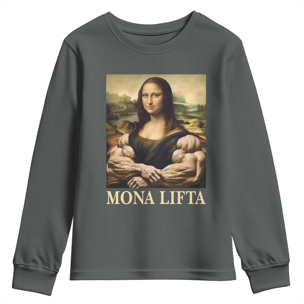 Funny Mona Lifta Muscle Mona Lisa Bodybuilding Fitness Gym Lover Youth Sweatshirt TS11 Dark Heather Print Your Wear