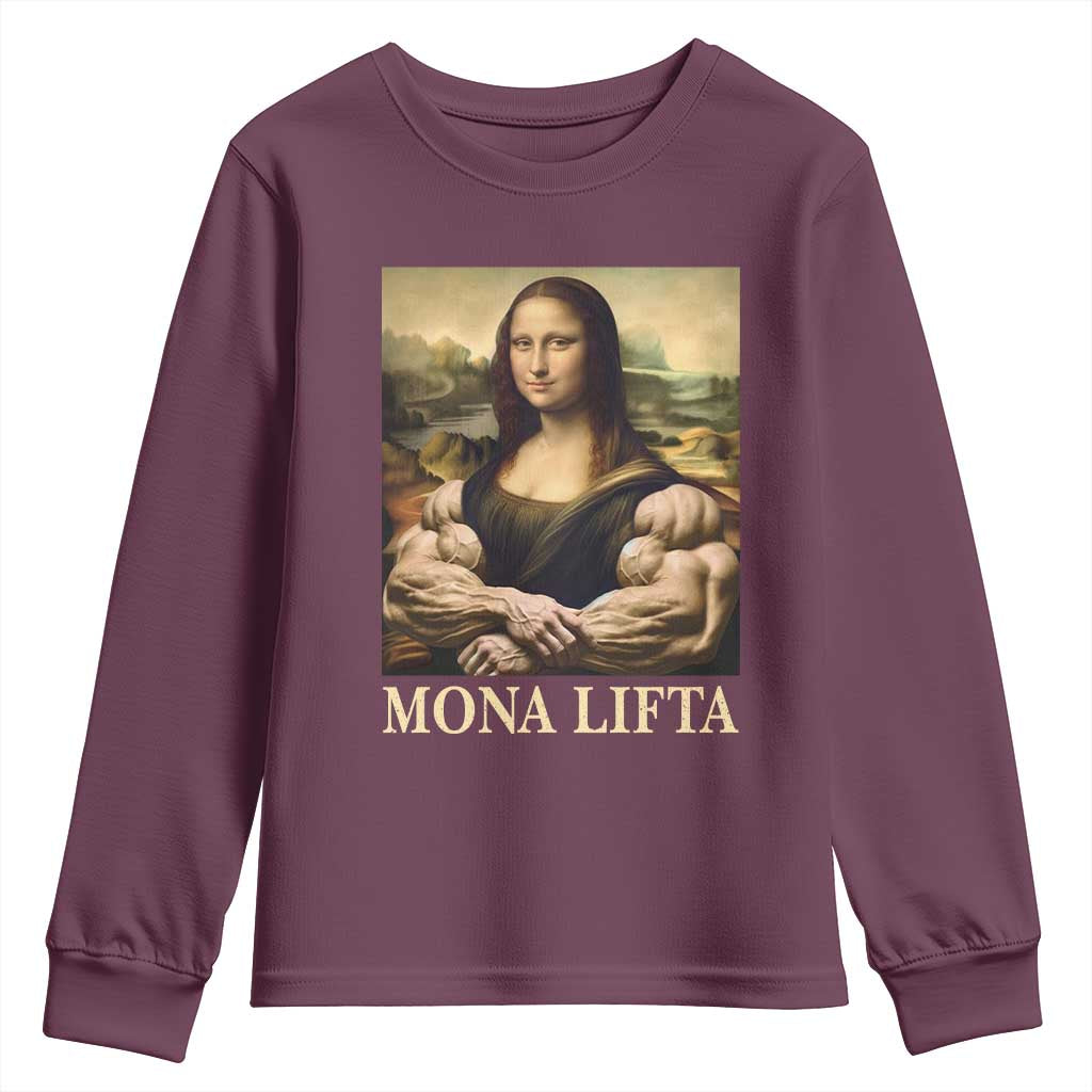 Funny Mona Lifta Muscle Mona Lisa Bodybuilding Fitness Gym Lover Youth Sweatshirt TS11 Maroon Print Your Wear