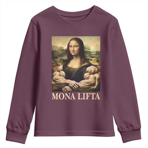 Funny Mona Lifta Muscle Mona Lisa Bodybuilding Fitness Gym Lover Youth Sweatshirt TS11 Maroon Print Your Wear