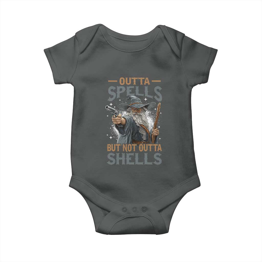 Outta Spells But Not Outta Shells Baby Onesie Funny Fantasy Meme TS11 Dark Heather Print Your Wear