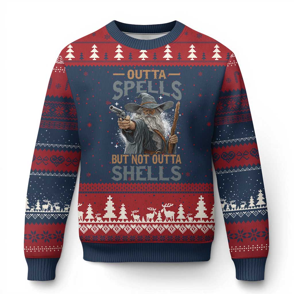 Outta Spells But Not Outta Shells Ugly Christmas Sweater Funny Fantasy Meme TS11 Navy Red Print Your Wear