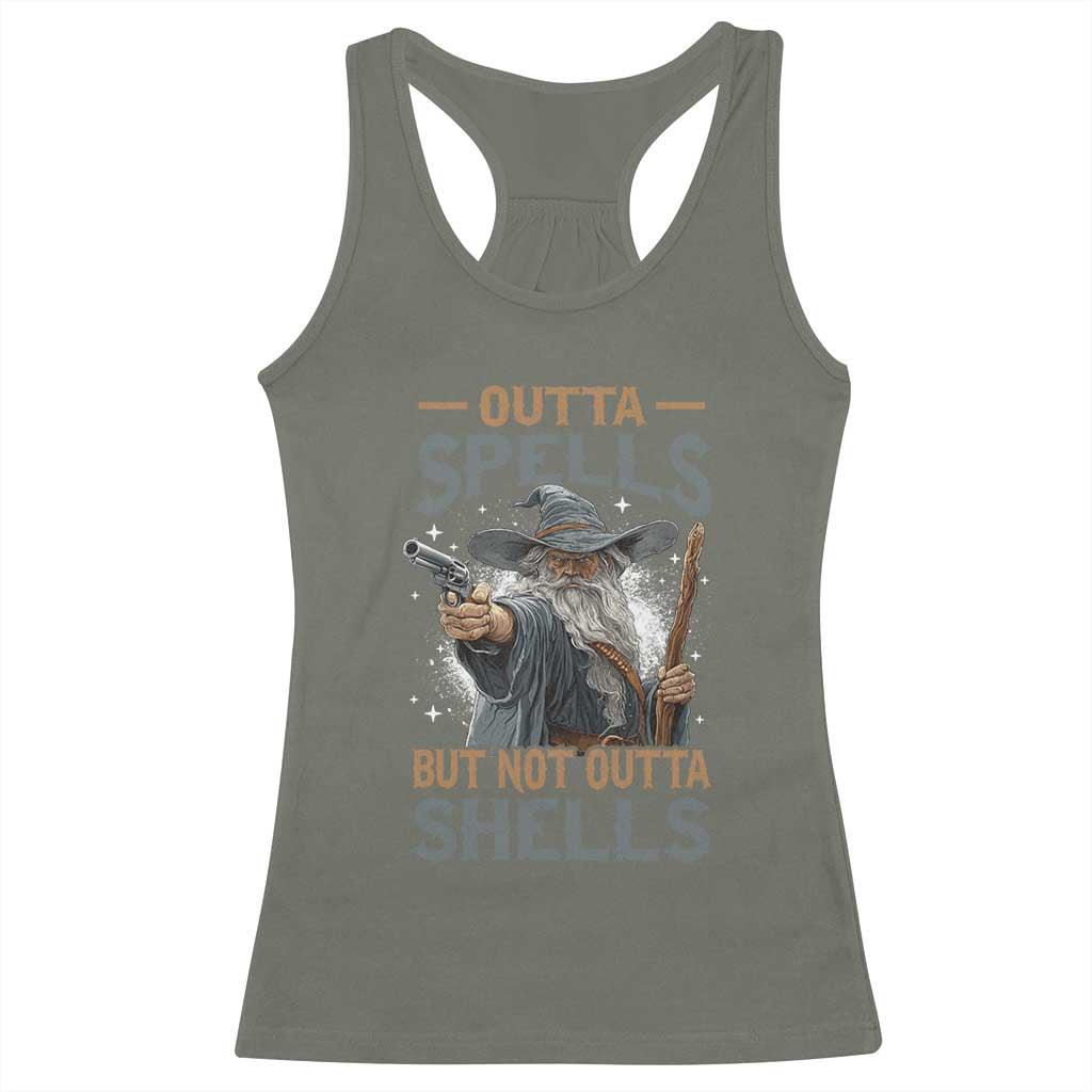 Outta Spells But Not Outta Shells Racerback Tank Top Funny Fantasy Meme TS11 Military Green Print Your Wear