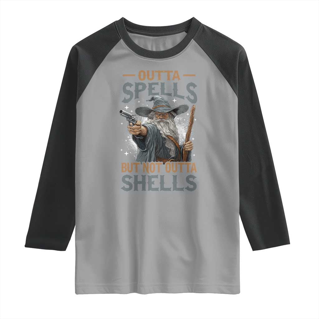 Outta Spells But Not Outta Shells Raglan Shirt Funny Fantasy Meme TS11 Sport Gray Black Print Your Wear
