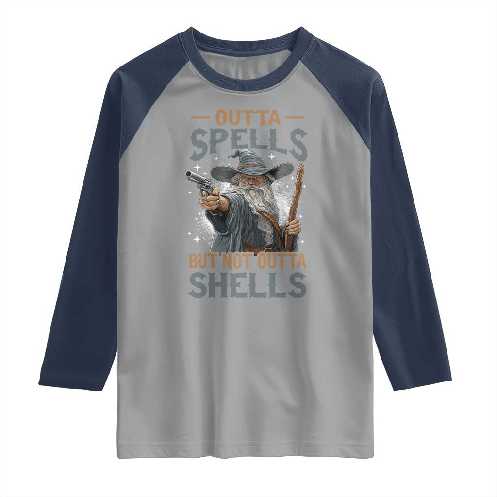 Outta Spells But Not Outta Shells Raglan Shirt Funny Fantasy Meme TS11 Sport Gray Navy Print Your Wear