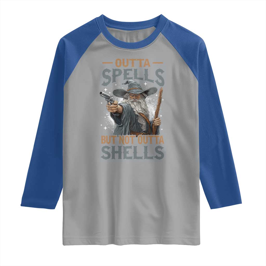Outta Spells But Not Outta Shells Raglan Shirt Funny Fantasy Meme TS11 Sport Gray Royal Print Your Wear