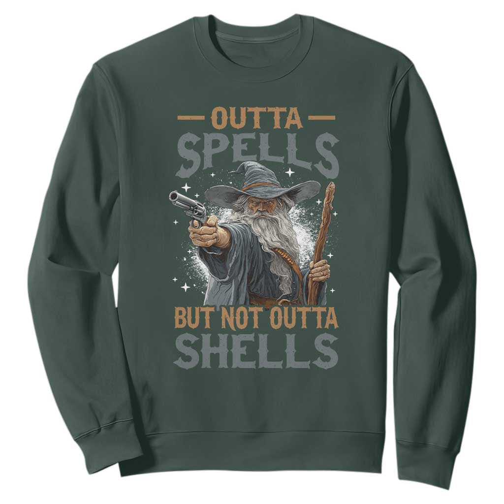 Outta Spells But Not Outta Shells Sweatshirt Funny Fantasy Meme TS11 Dark Forest Green Print Your Wear