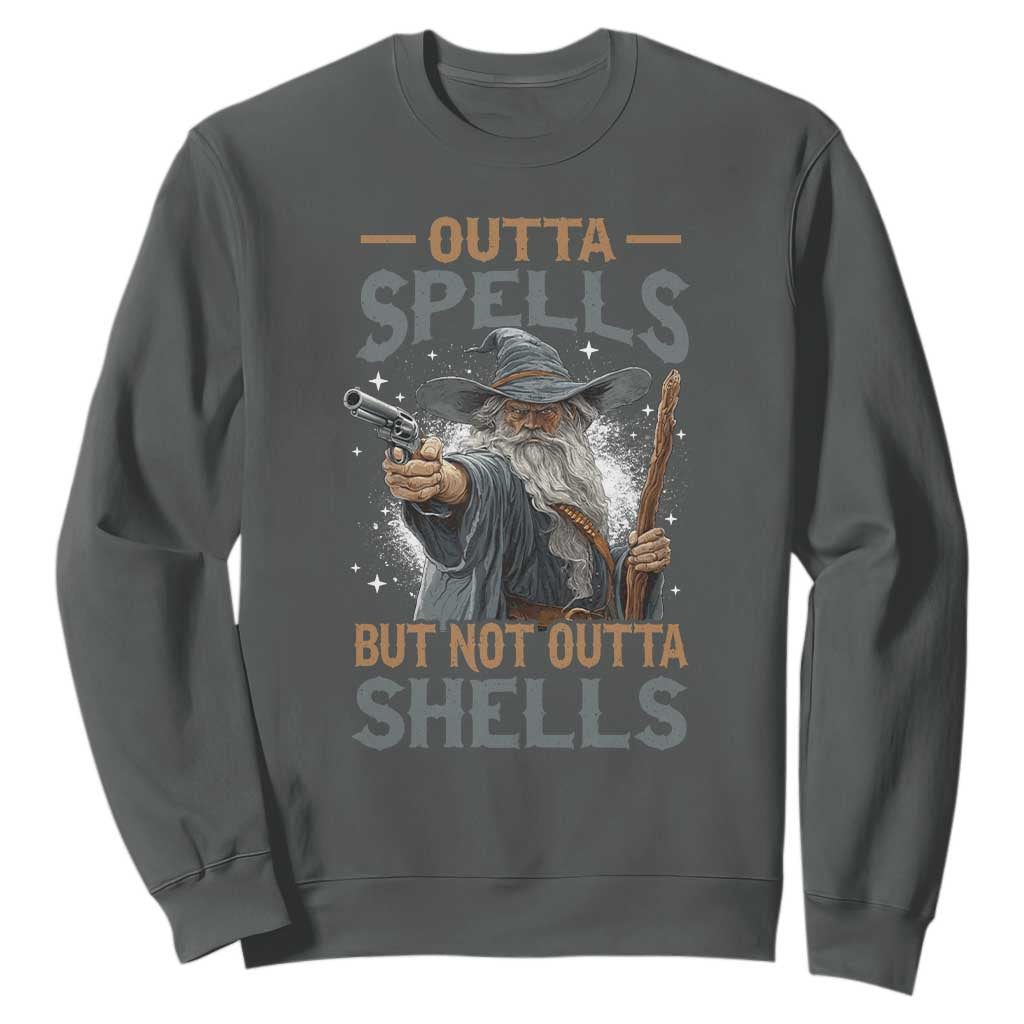Outta Spells But Not Outta Shells Sweatshirt Funny Fantasy Meme TS11 Dark Heather Print Your Wear