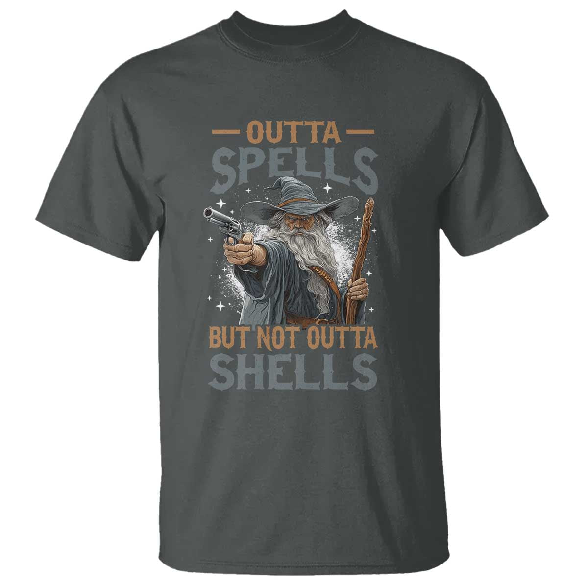 Outta Spells But Not Outta Shells T Shirt Funny Fantasy Meme TS11 Dark Heather Print Your Wear