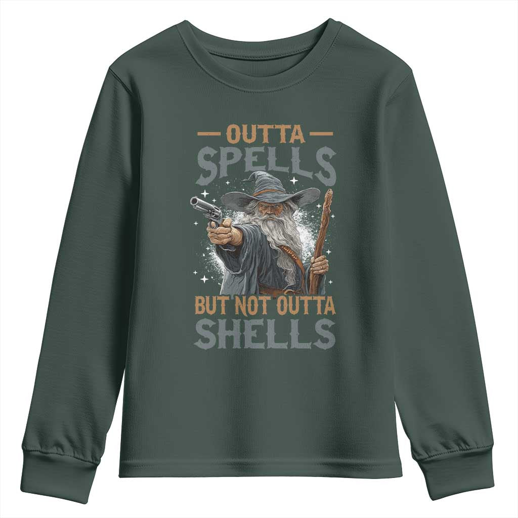 Outta Spells But Not Outta Shells Youth Sweatshirt Funny Fantasy Meme TS11 Dark Forest Green Print Your Wear