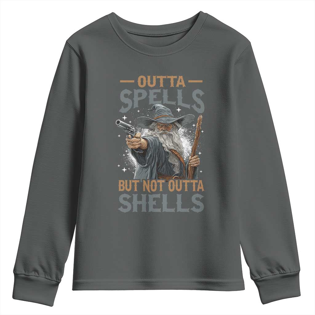 Outta Spells But Not Outta Shells Youth Sweatshirt Funny Fantasy Meme TS11 Dark Heather Print Your Wear