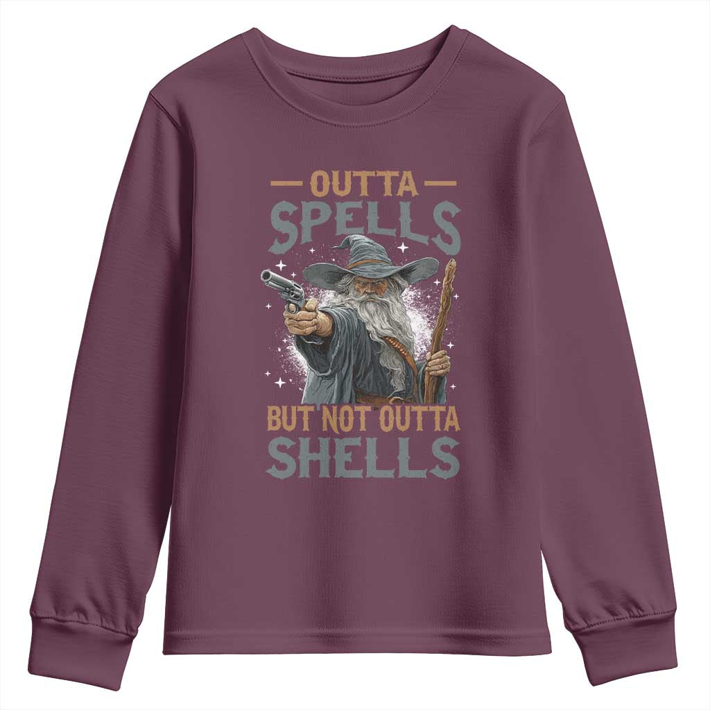 Outta Spells But Not Outta Shells Youth Sweatshirt Funny Fantasy Meme TS11 Maroon Print Your Wear
