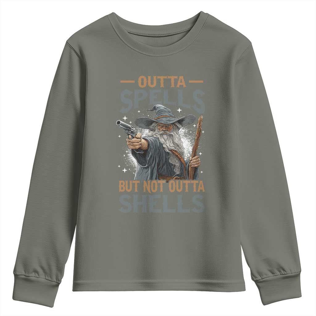 Outta Spells But Not Outta Shells Youth Sweatshirt Funny Fantasy Meme TS11 Military Green Print Your Wear