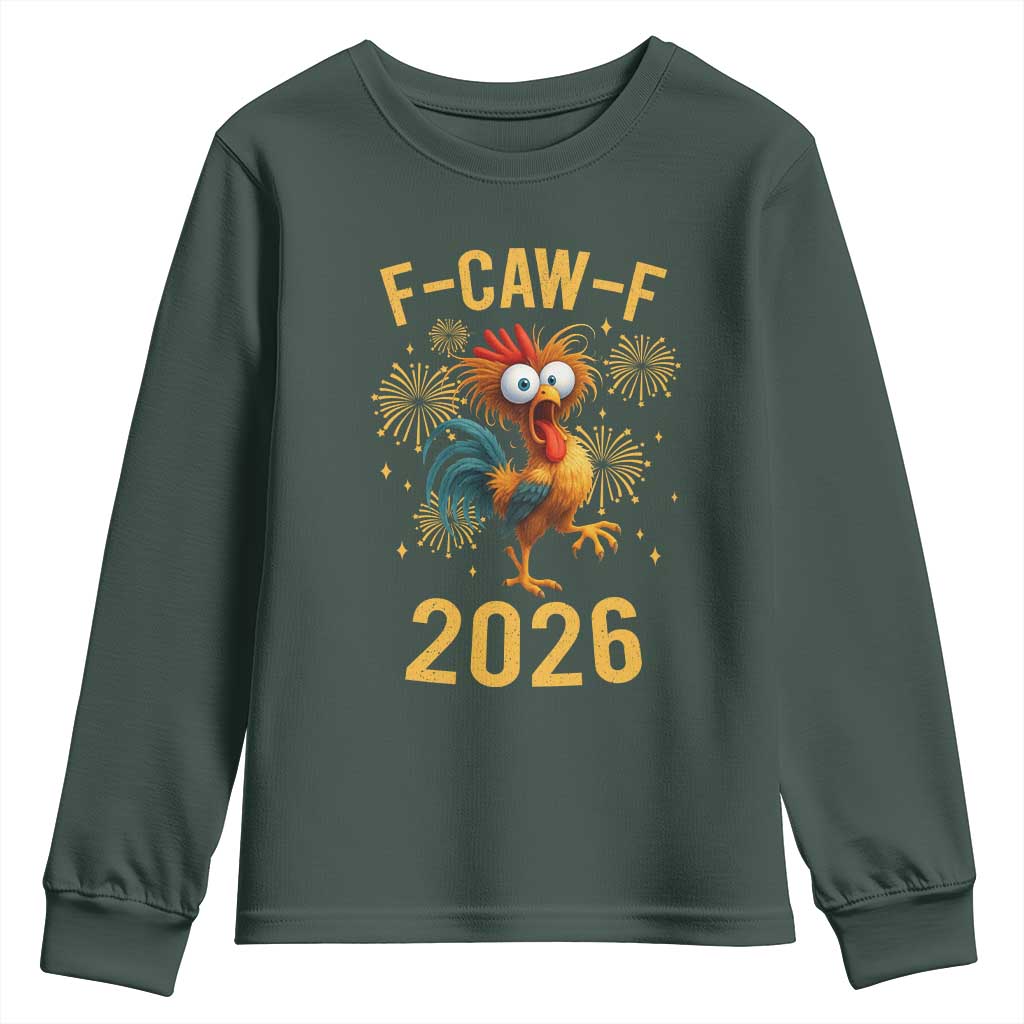 F Caw F 2026 Happy New Year Youth Sweatshirt Funny Chicken Rooster TS11 Dark Forest Green Print Your Wear