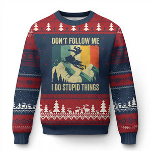 Funny Snowmobile Ugly Christmas Sweater Don't Follow Me I Do Stupid Things Winter Sport TS11 Navy Red Print Your Wear