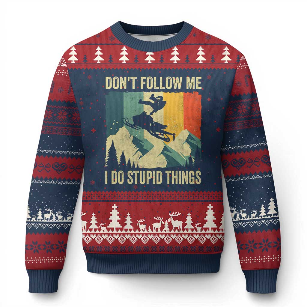Funny Snowmobile Ugly Christmas Sweater Don't Follow Me I Do Stupid Things Winter Sport TS11 Navy Red Print Your Wear