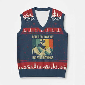 Funny Snowmobile V-Neck Knit Sweater Vest Don't Follow Me I Do Stupid Things Winter Sport TS11 Navy Red Print Your Wear