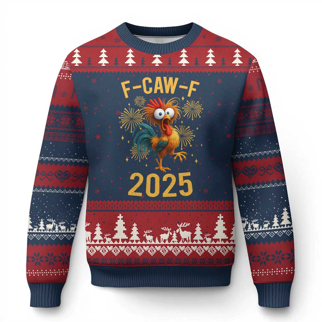 F Caw F 2025 Happy New Year 2026 Ugly Christmas Sweater Funny Chicken Rooster TS11 Navy Red Print Your Wear