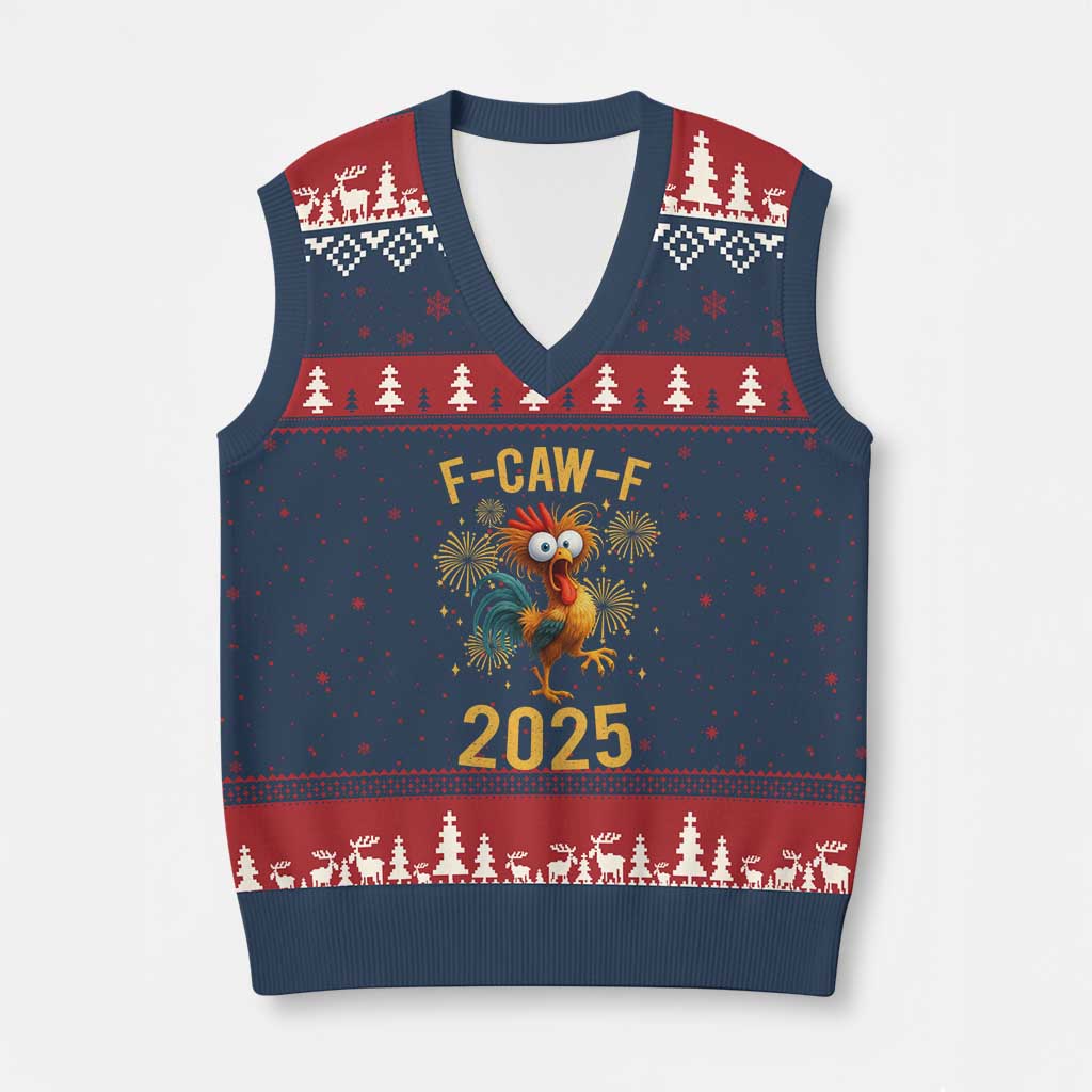 F Caw F 2025 Happy New Year 2026 V-Neck Knit Sweater Vest Funny Chicken Rooster TS11 Navy Red Print Your Wear