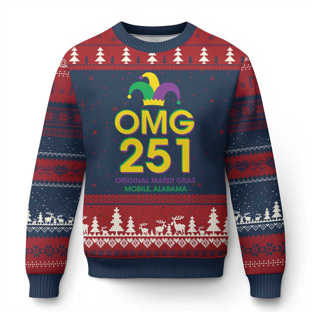 Funny Mardi Gras In Mobile Alabama Ugly Christmas Sweater OMG 251 Original Mardi Gras Jester Hat TS11 Navy Red Print Your Wear