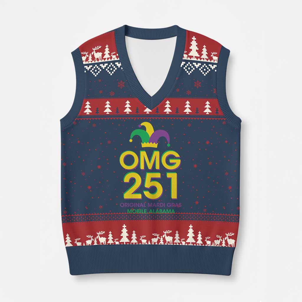 Funny Mardi Gras In Mobile Alabama V-Neck Knit Sweater Vest OMG 251 Original Mardi Gras Jester Hat TS11 Navy Red Print Your Wear