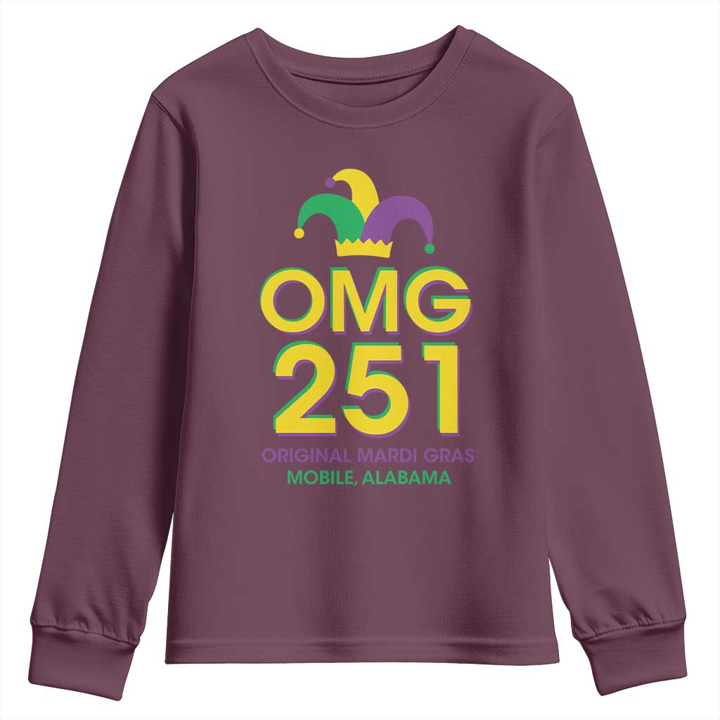 Funny Mardi Gras In Mobile Alabama Youth Sweatshirt OMG 251 Original Mardi Gras Jester Hat TS11 Maroon Print Your Wear