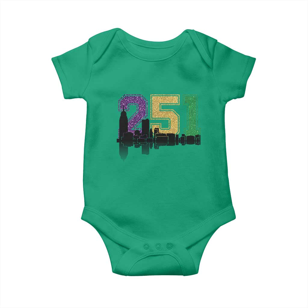 Funny Mardi Gras Mobile Alabama Baby Onesie 251 Skyline Area Code Glitter Print TS11 Irish Green Print Your Wear