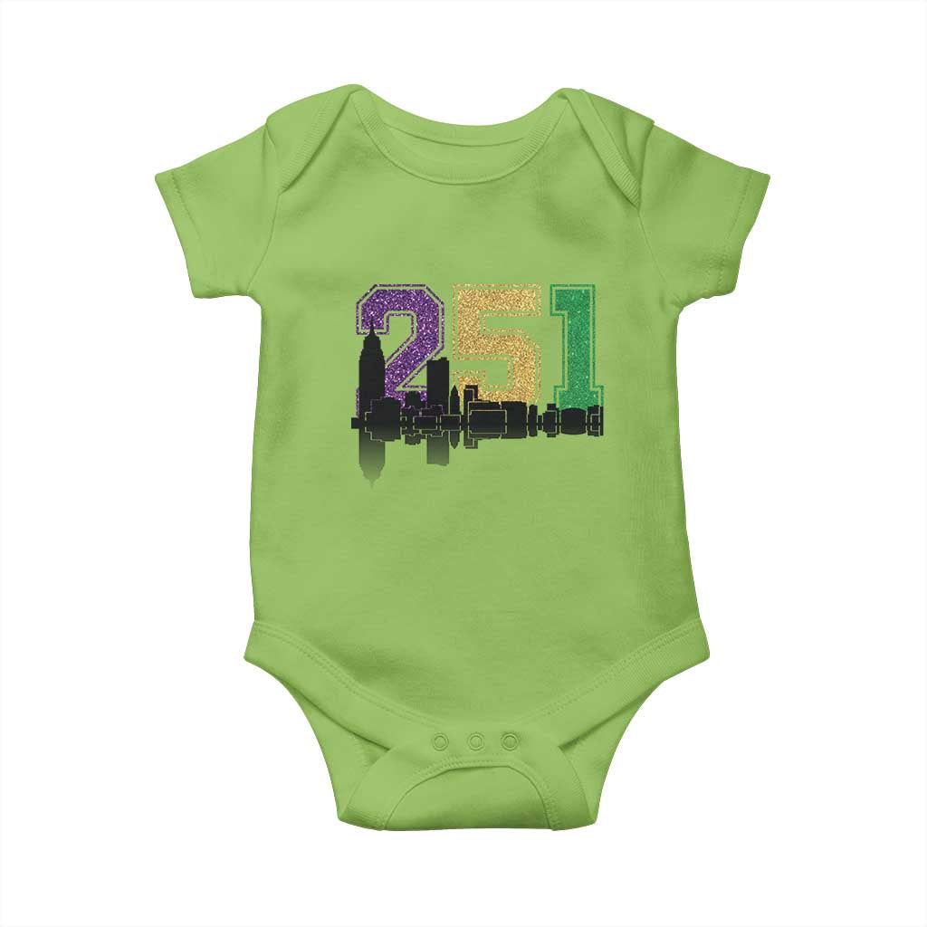 Funny Mardi Gras Mobile Alabama Baby Onesie 251 Skyline Area Code Glitter Print TS11 Lime Print Your Wear