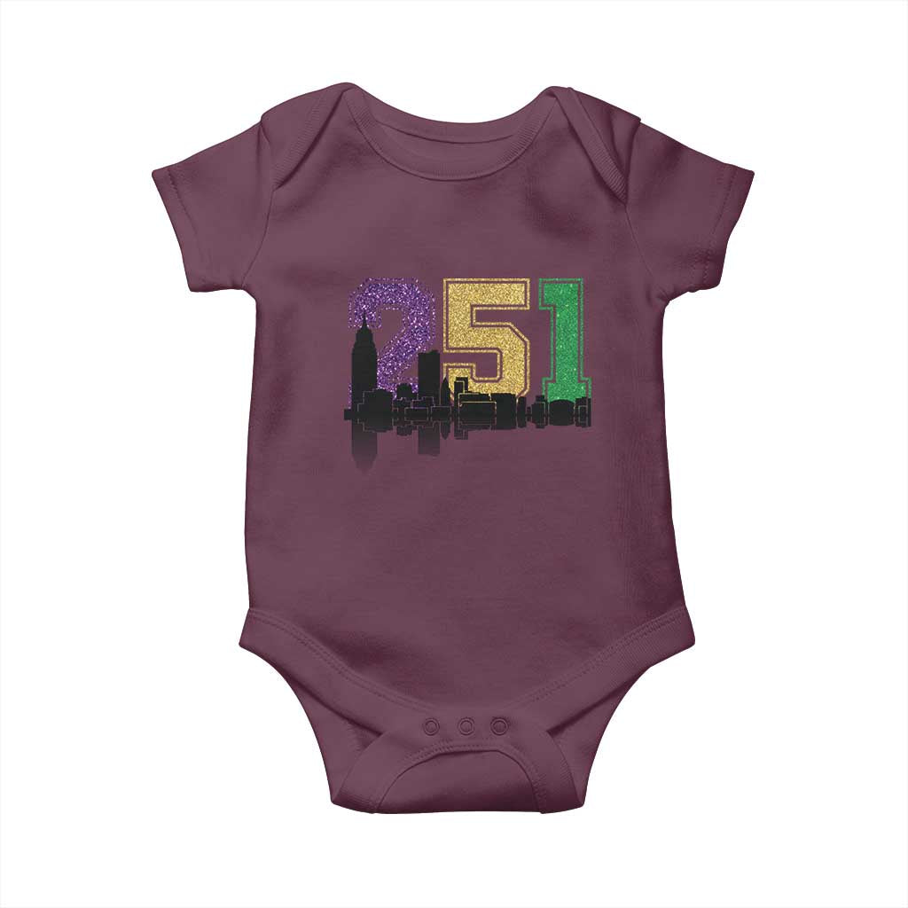 Funny Mardi Gras Mobile Alabama Baby Onesie 251 Skyline Area Code Glitter Print TS11 Maroon Print Your Wear