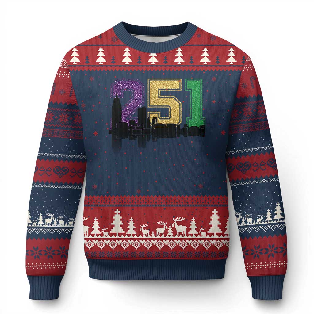 Funny Mardi Gras Mobile Alabama Ugly Christmas Sweater 251 Skyline Area Code Glitter Print TS11 Navy Red Print Your Wear