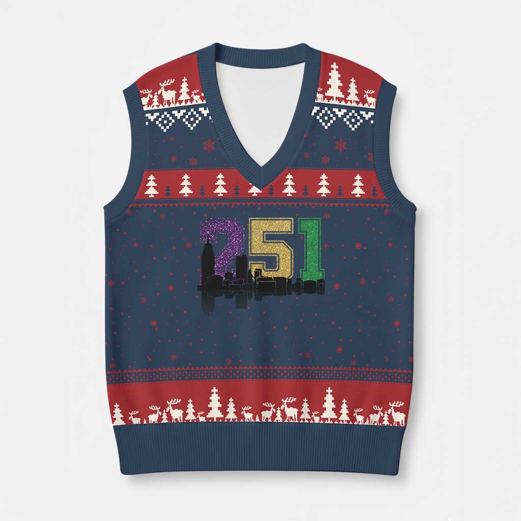 Funny Mardi Gras Mobile Alabama V-Neck Knit Sweater Vest 251 Skyline Area Code Glitter Print TS11 Navy Red Print Your Wear