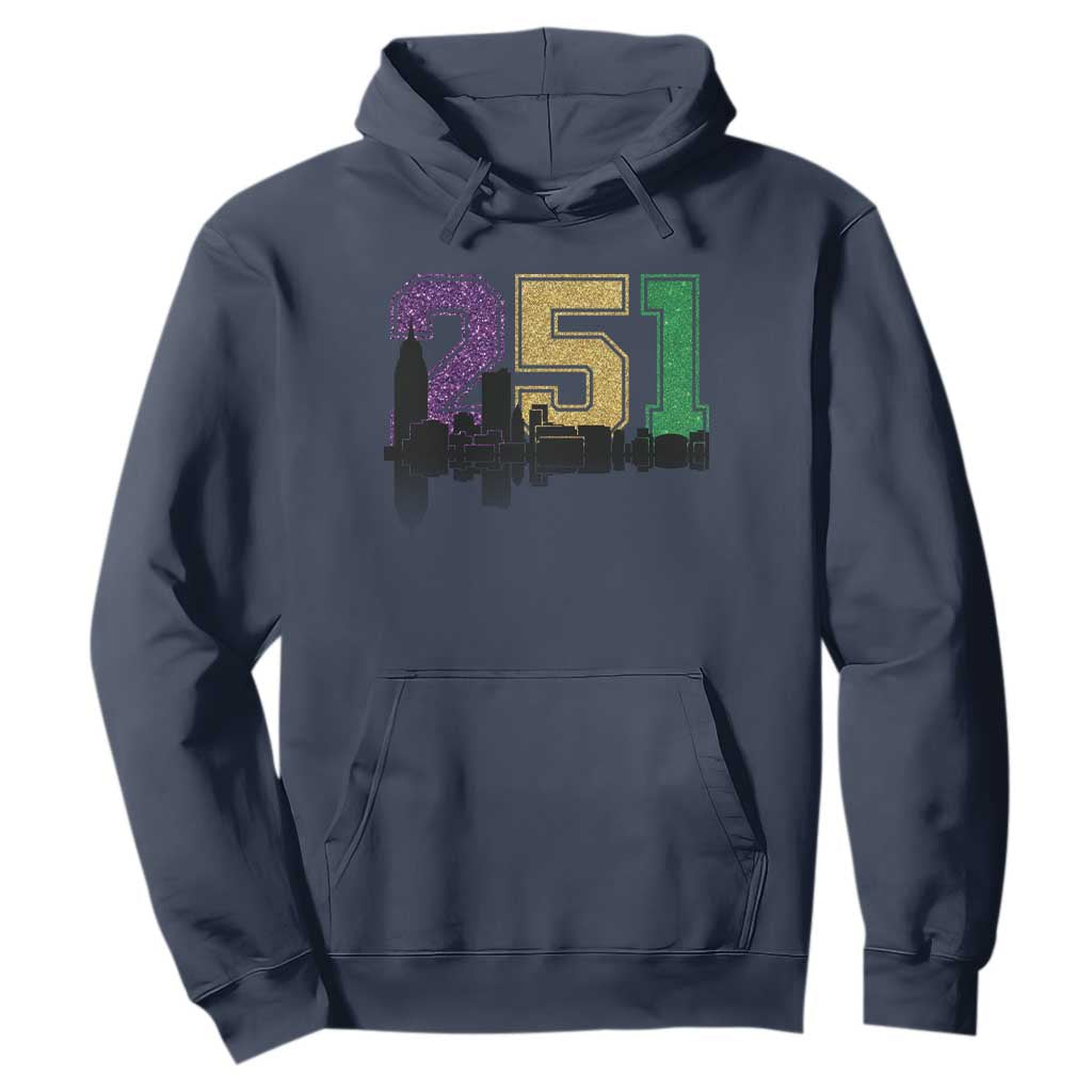 Funny Mardi Gras Mobile Alabama Hoodie 251 Skyline Area Code Glitter Print TS11 Navy Print Your Wear