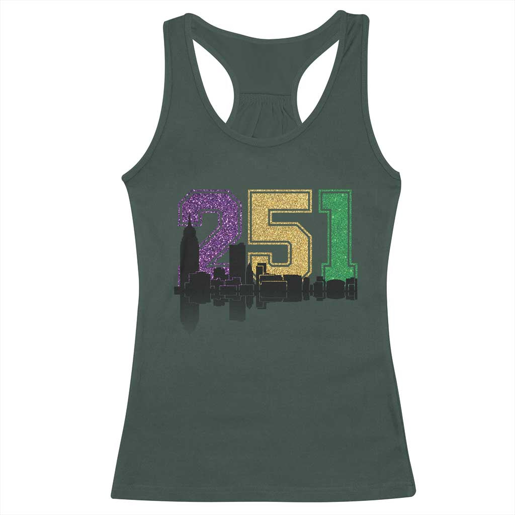 Funny Mardi Gras Mobile Alabama Racerback Tank Top 251 Skyline Area Code Glitter Print TS11 Dark Forest Green Print Your Wear