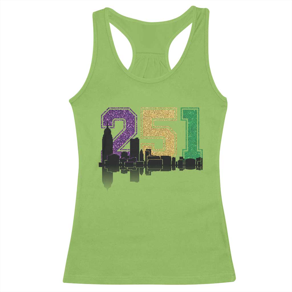 Funny Mardi Gras Mobile Alabama Racerback Tank Top 251 Skyline Area Code Glitter Print TS11 Lime Print Your Wear