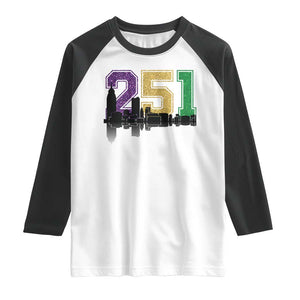 Funny Mardi Gras Mobile Alabama Raglan Shirt 251 Skyline Area Code Glitter Print TS11 White Black Print Your Wear