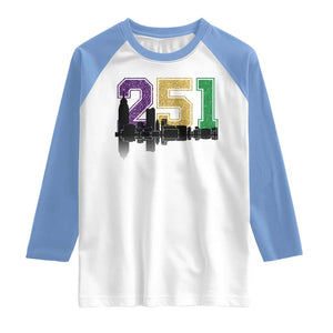 Funny Mardi Gras Mobile Alabama Raglan Shirt 251 Skyline Area Code Glitter Print TS11 White Carolina Blue Print Your Wear
