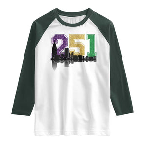 Funny Mardi Gras Mobile Alabama Raglan Shirt 251 Skyline Area Code Glitter Print TS11 White Dark Forest Green Print Your Wear