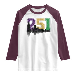 Funny Mardi Gras Mobile Alabama Raglan Shirt 251 Skyline Area Code Glitter Print TS11 White Maroon Print Your Wear