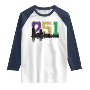 Funny Mardi Gras Mobile Alabama Raglan Shirt 251 Skyline Area Code Glitter Print TS11 White Navy Print Your Wear