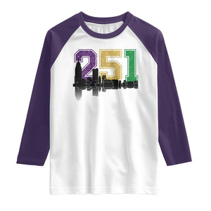 Funny Mardi Gras Mobile Alabama Raglan Shirt 251 Skyline Area Code Glitter Print TS11 White Purple Print Your Wear