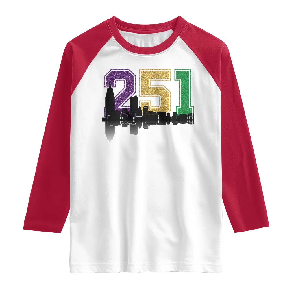 Funny Mardi Gras Mobile Alabama Raglan Shirt 251 Skyline Area Code Glitter Print TS11 White Red Print Your Wear