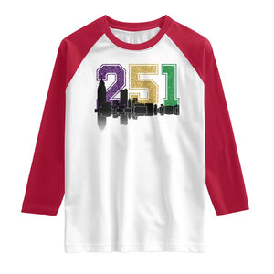 Funny Mardi Gras Mobile Alabama Raglan Shirt 251 Skyline Area Code Glitter Print TS11 White Red Print Your Wear